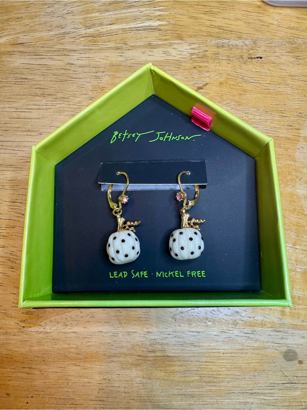 Betsey Johnson White Polka Dot Pumpkin Dangle Earrings with Gold Accents